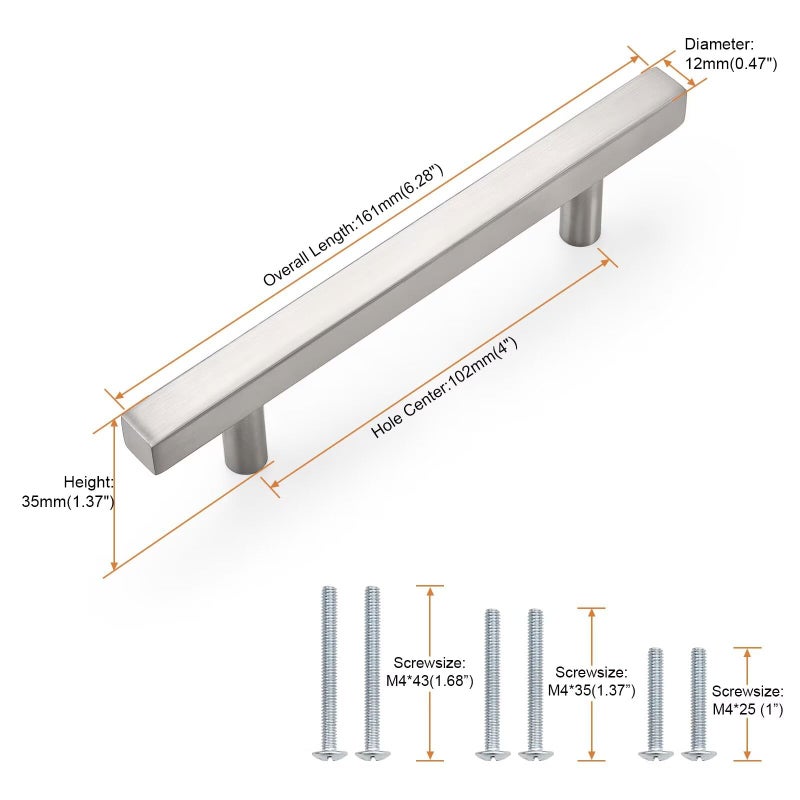 Probrico Cabinet Handles-(Pack of 5) Stainless Steel 4 inch (102mm) Hole Centers Square T Bar Kitchen Cabinet Handles Drawer Pulls for Kitchen Furniture Hardware - Image 2